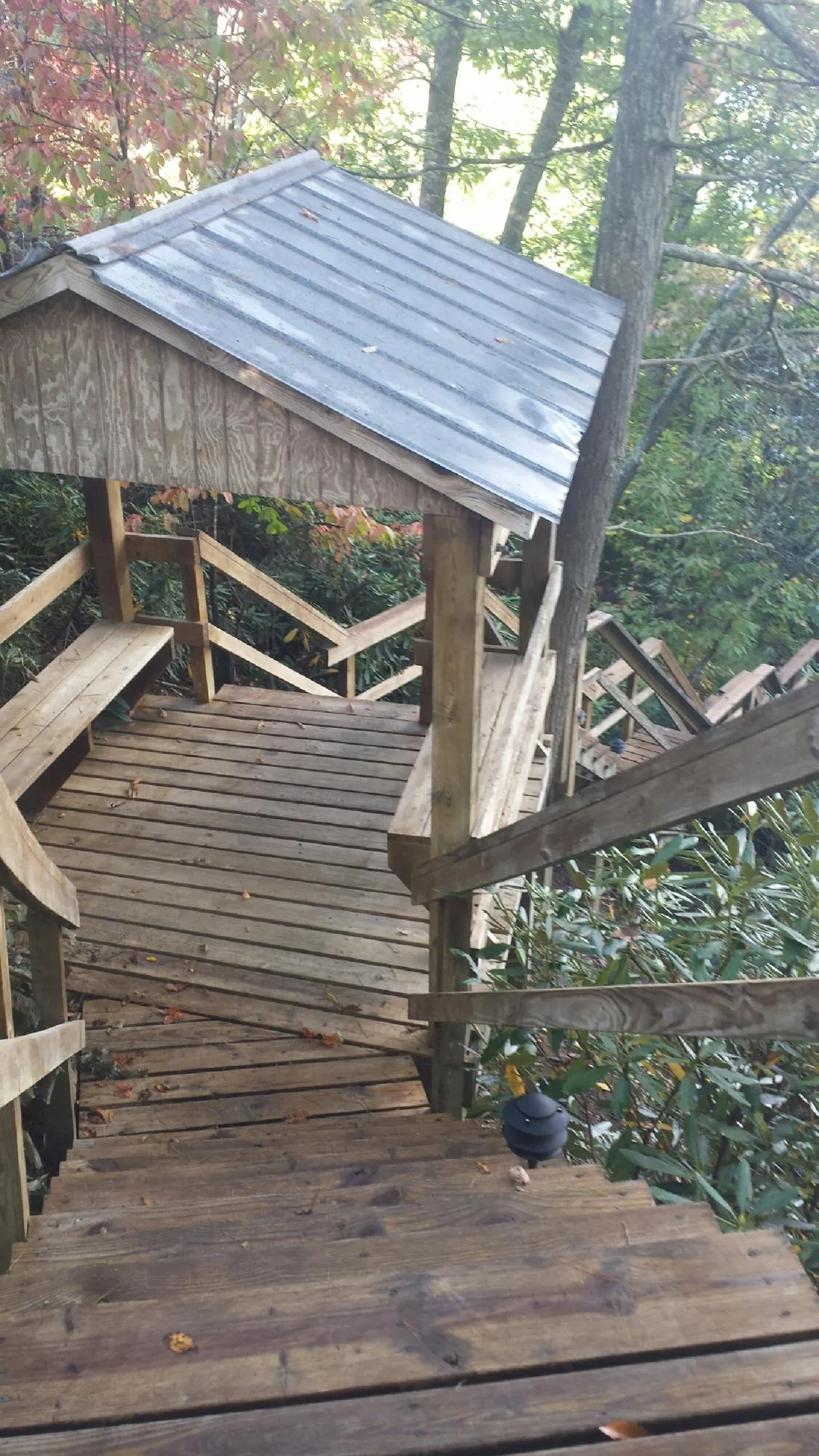 Metal roofed shelter over wooden steps on a wooded walkway — Skylight Repair & Installation work by our crew in Desert Hot Springs